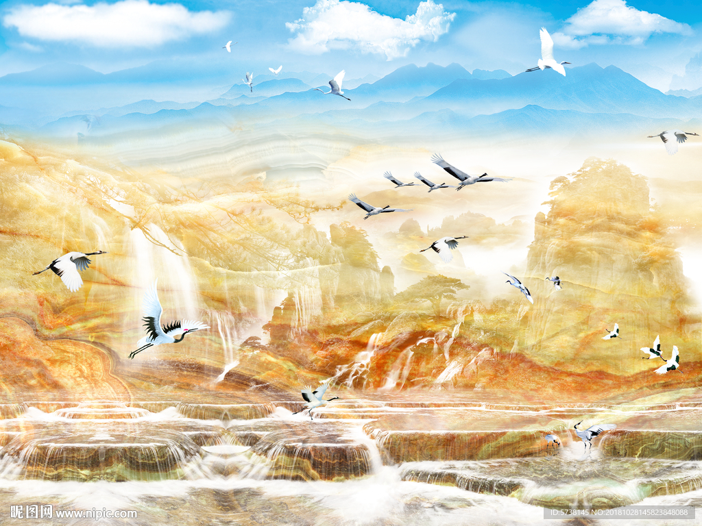 大理石山水飞鸟创意艺术玄关屏风
