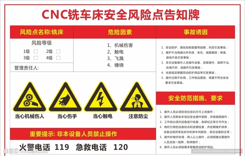 CNC铣车床安全风险点告知牌