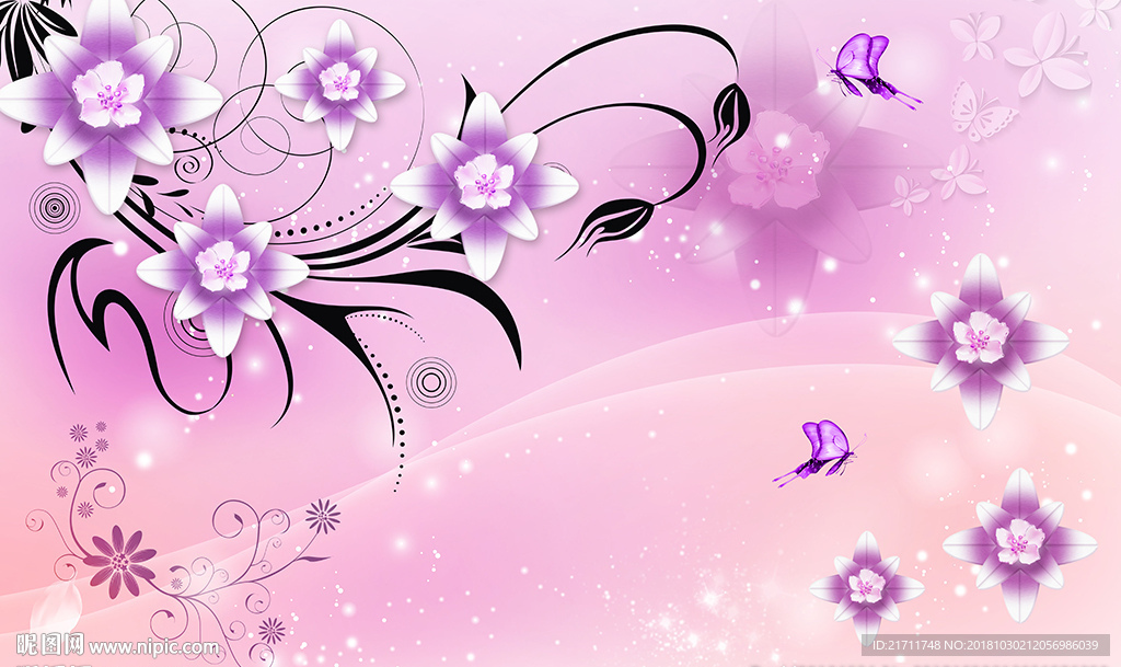 现代花卉蝴蝶梦幻星光电视背景墙