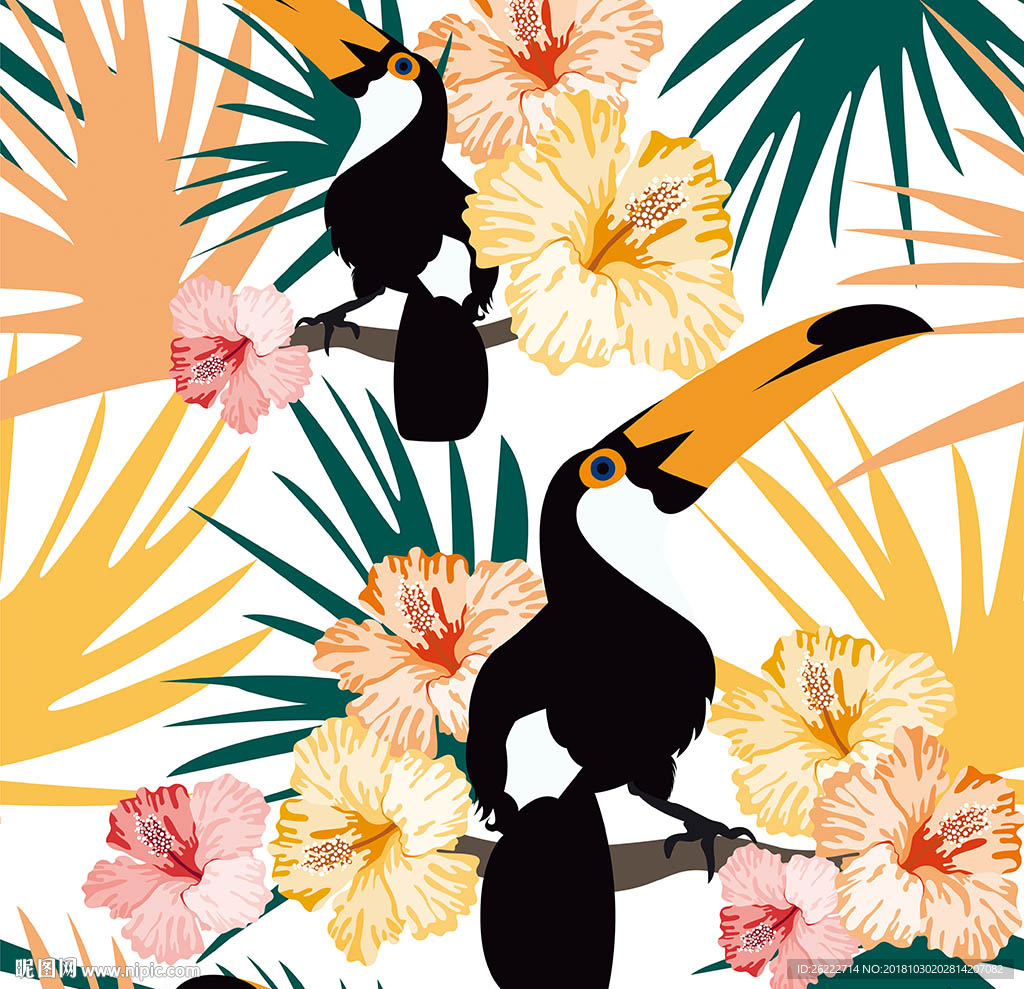 鲜花大嘴鸟印花图案