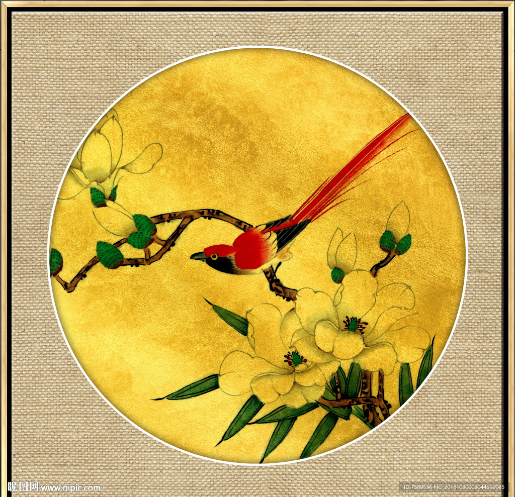 中式金铂工笔花鸟画