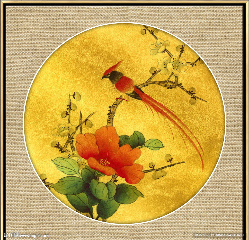 中式金铂工笔花鸟画