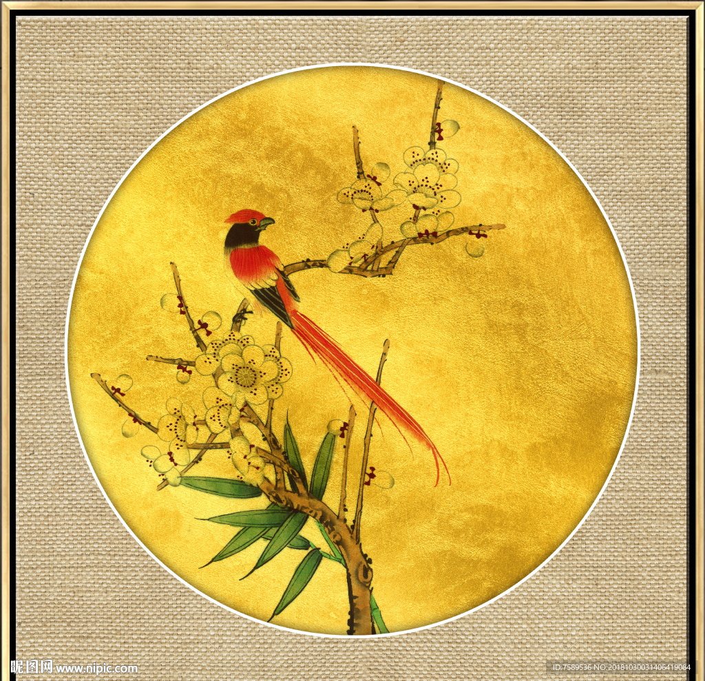 中式金铂工笔花鸟画