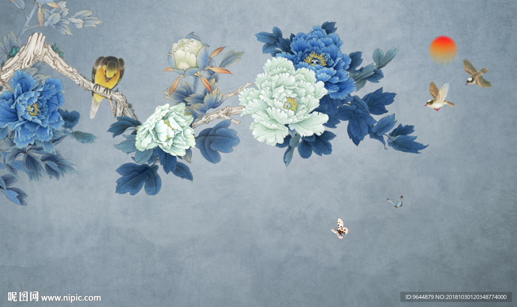 手绘工笔牡丹花鸟背景墙