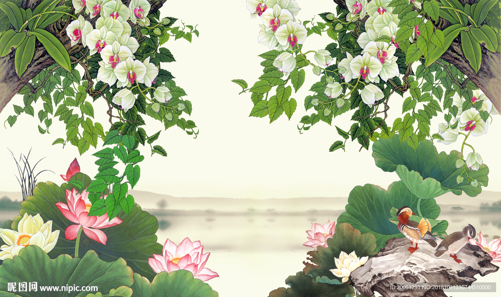 中式背景墙荷花花鸟