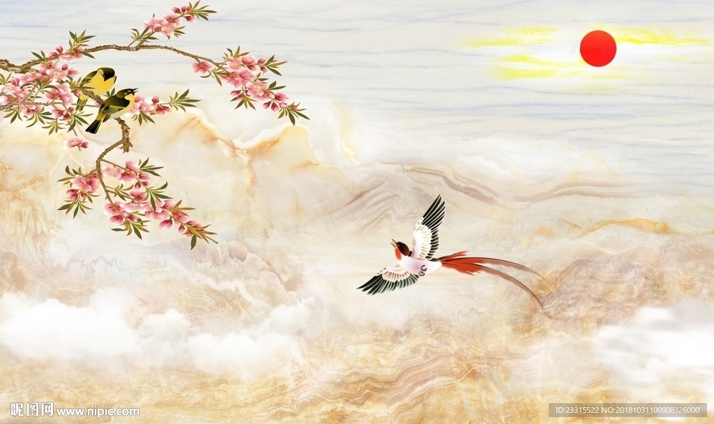 旭日东升喜上眉梢大理石背景墙