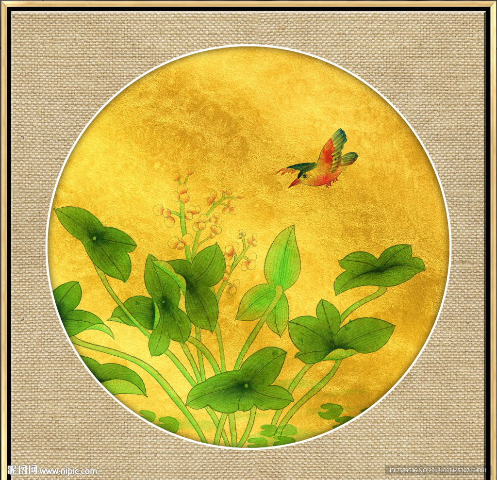 中式金铂工笔花鸟画