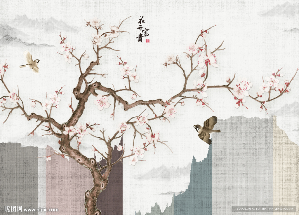 新中式花鸟手绘花朵背景墙