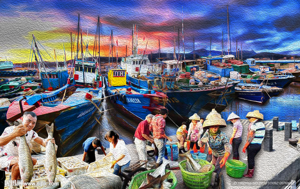 海鲜码头油画海报
