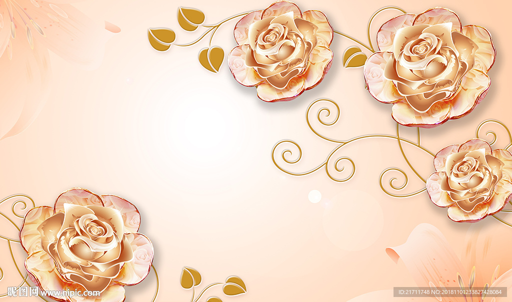 彩雕花卉金色花藤电视背景墙