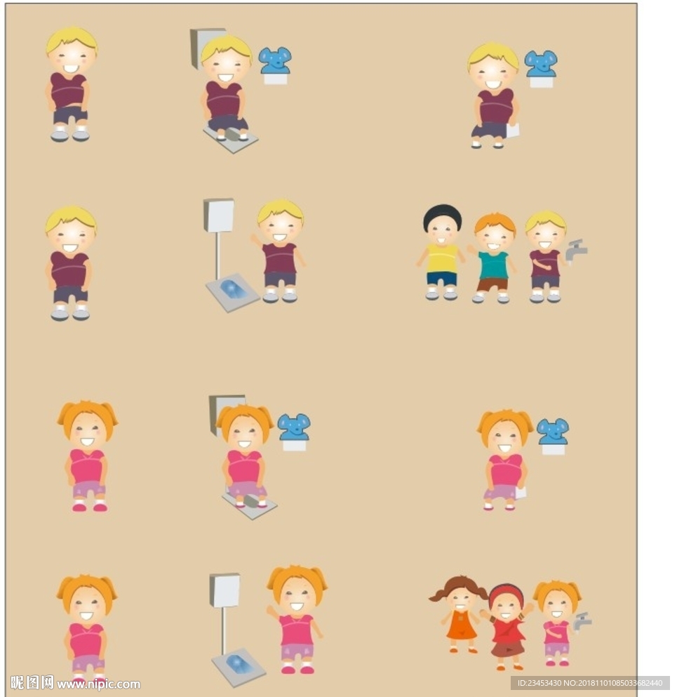 幼儿园儿童上厕所步骤图（矢量）
