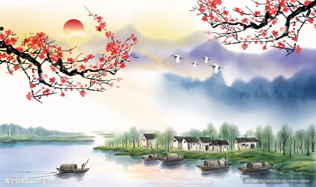 水乡山水新中式电视背景墙