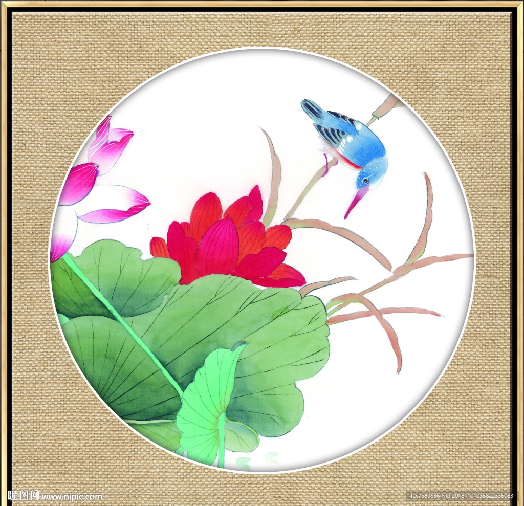 中式荷花翠鸟工笔花鸟画