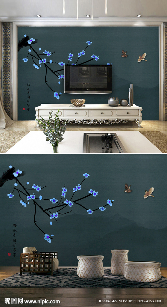 新中式手绘花鸟山水电视背景墙
