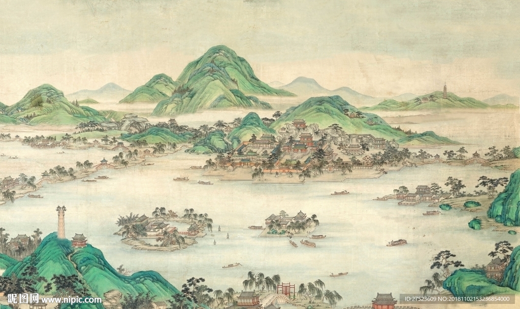 中式古典水墨山水手绘国画背景墙