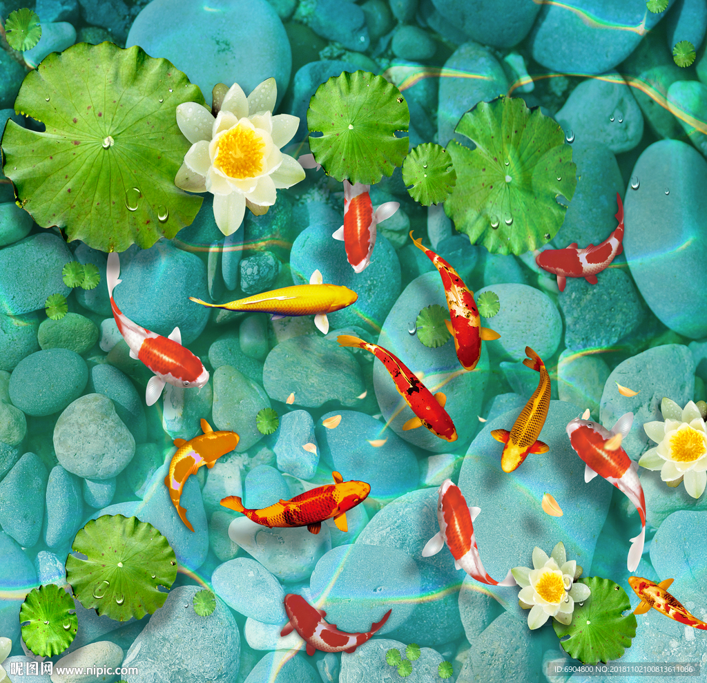 荷塘金鱼地板画