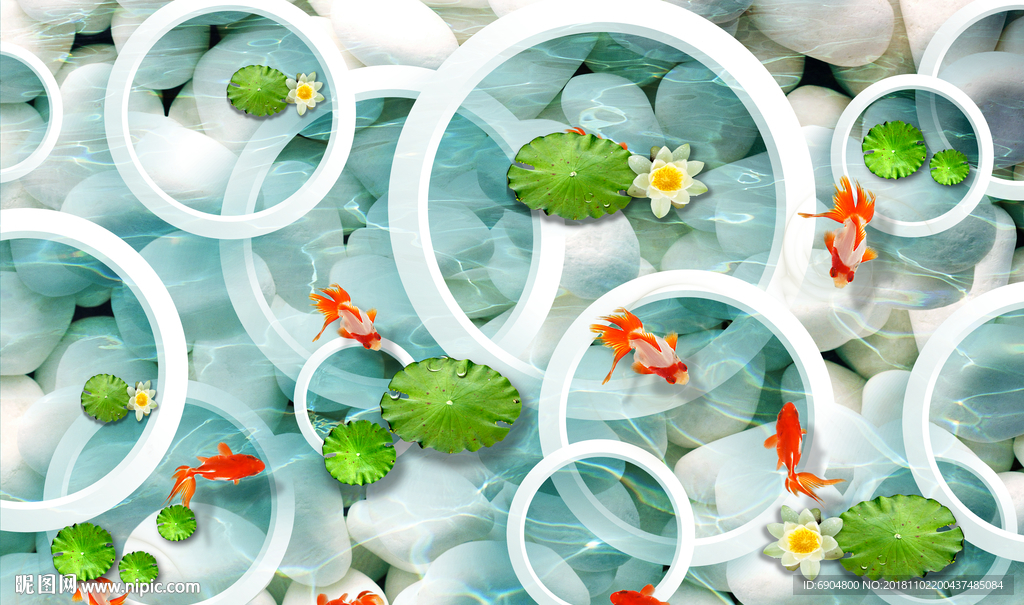 荷花金鱼地板画