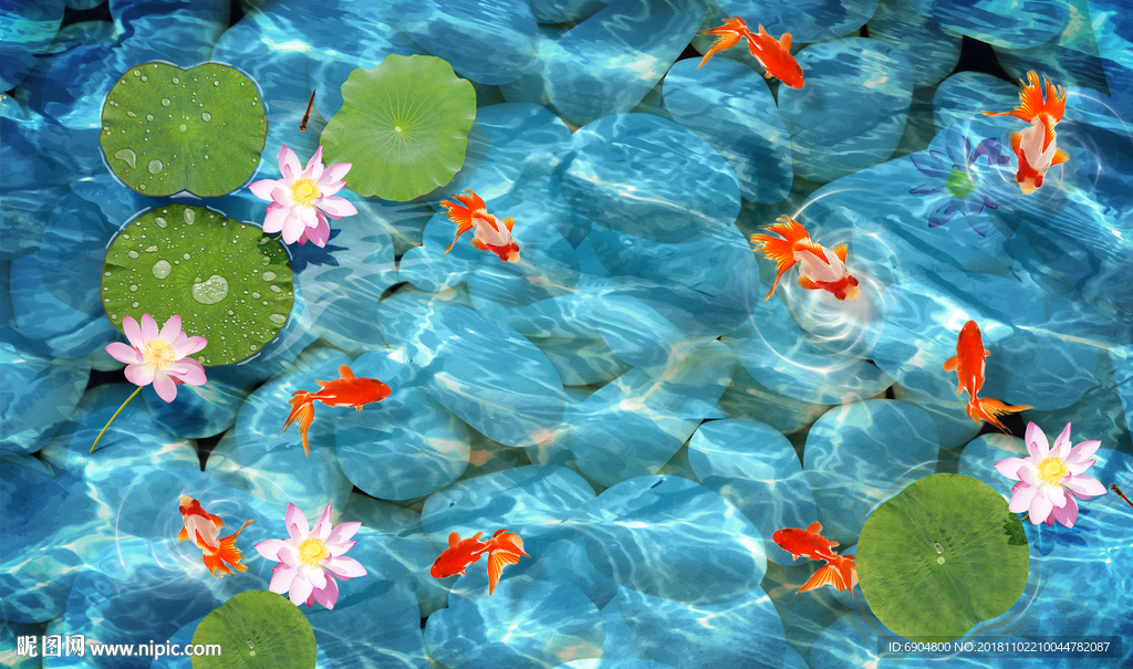 荷花金鱼地板画