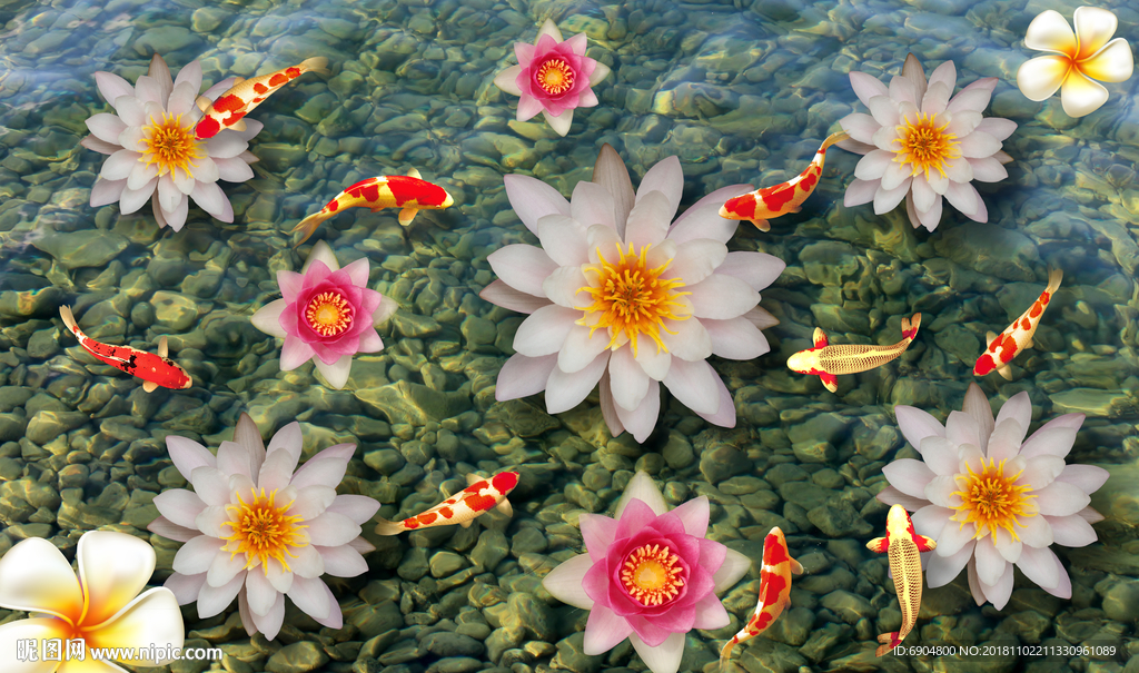 荷花金鱼地板画