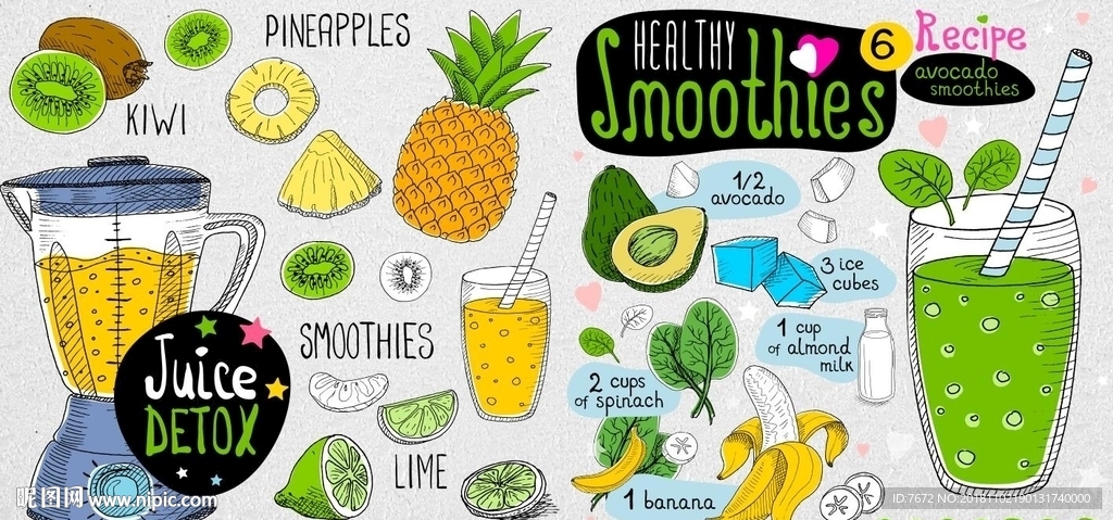 手绘高清水果饮料鸡尾酒壁画壁纸