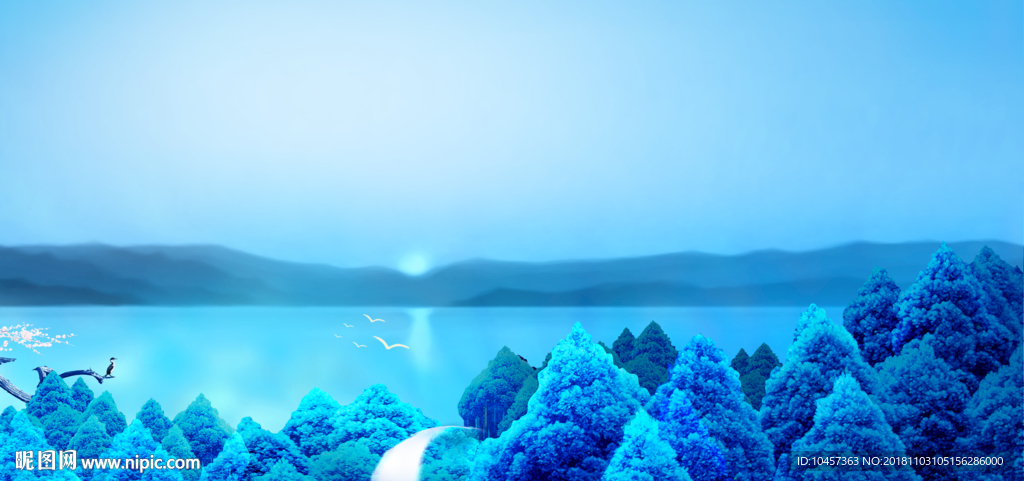 蓝调湖边森林