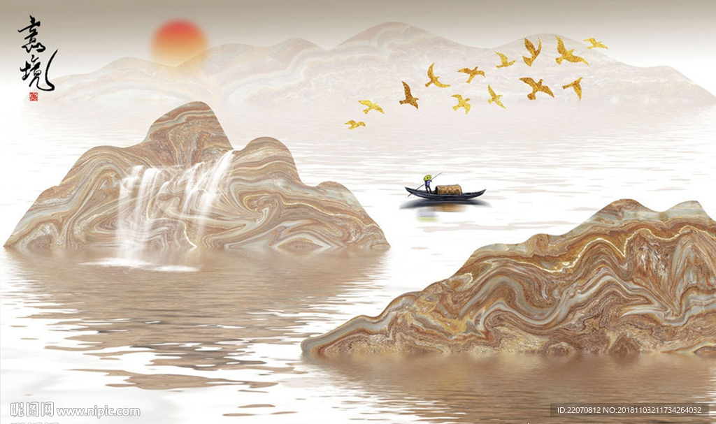 中式意境抽象山水背景装饰画