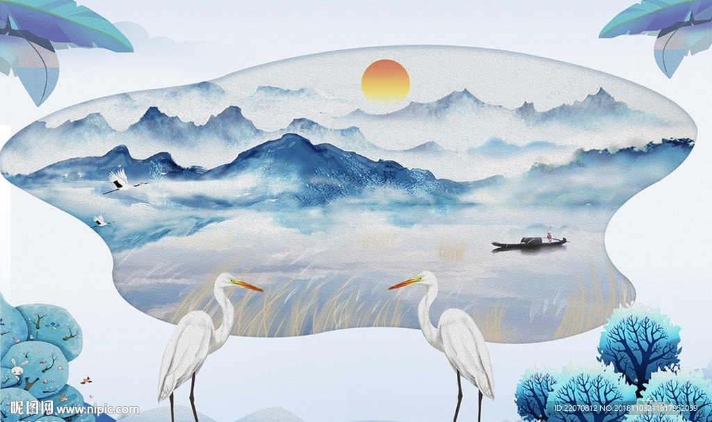 中式唯美油画山水画白鹭背景墙