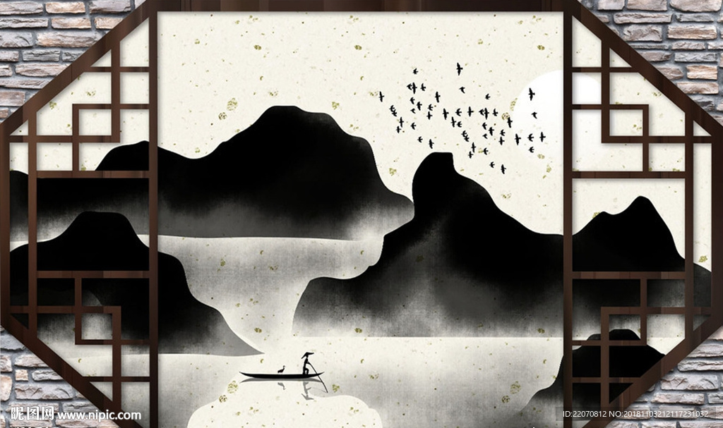 中式水墨窗格手绘山水背景墙