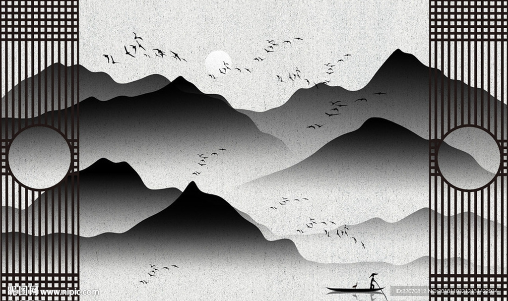 中式水墨窗格禅意意境山水背景墙
