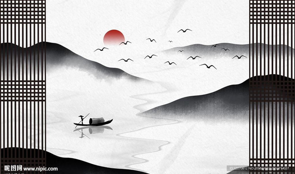 中式手绘水墨淡雅意境风景画背景