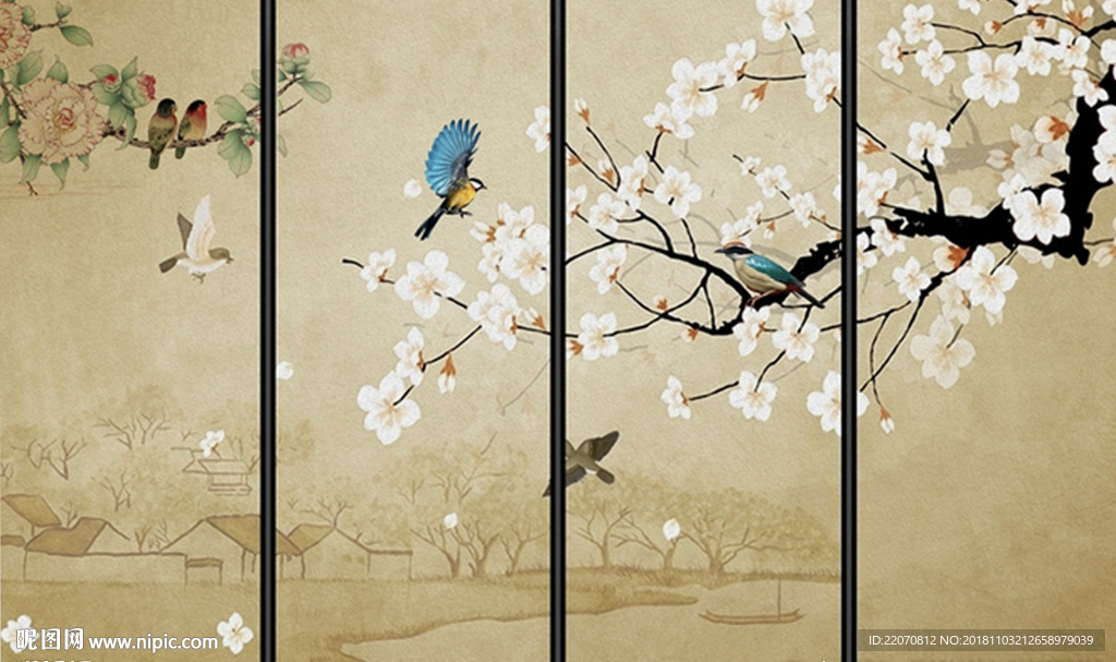 中式工笔水墨山水花卉花鸟背景墙