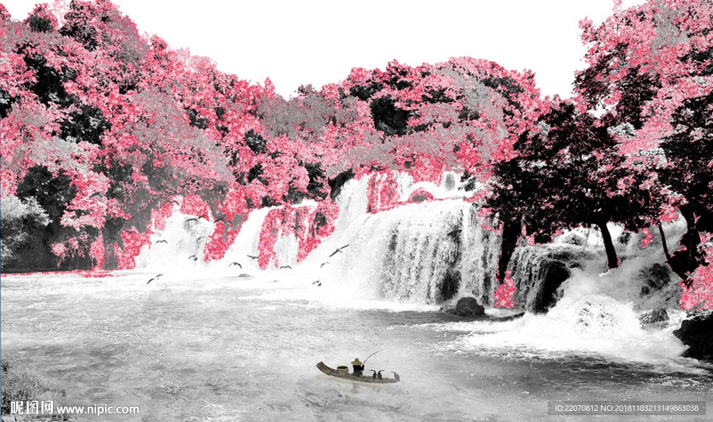 中式抽象水墨山水瀑布背景墙