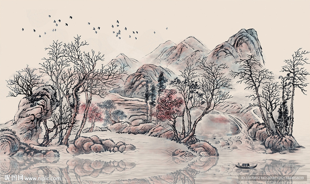 中国风山水意境飞鸟背景墙