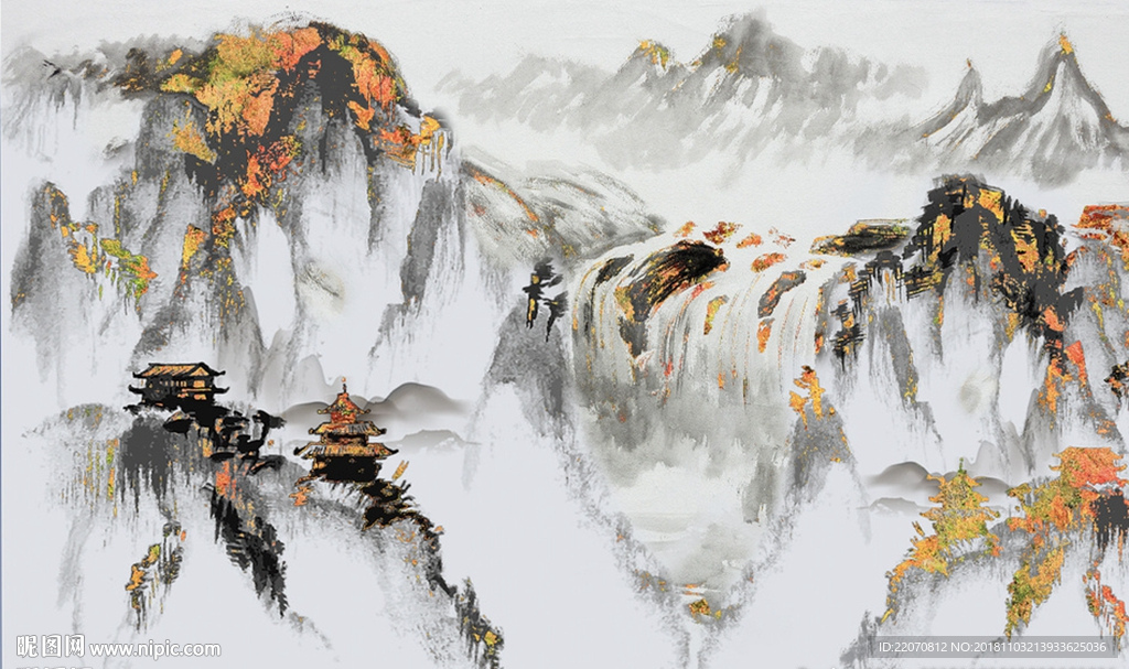 中国风抽象水墨山水流水背景墙