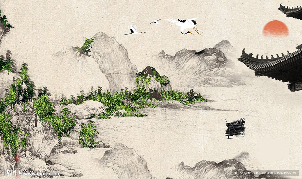 绿色唯美山峦飞鸟小船夕阳背景墙