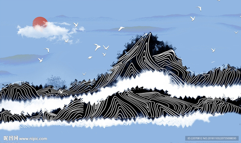 中式创意线条波纹山峦背景墙