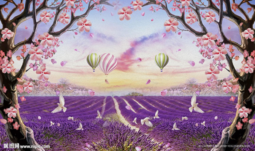 现代唯美浪漫薰衣草热气球背景墙