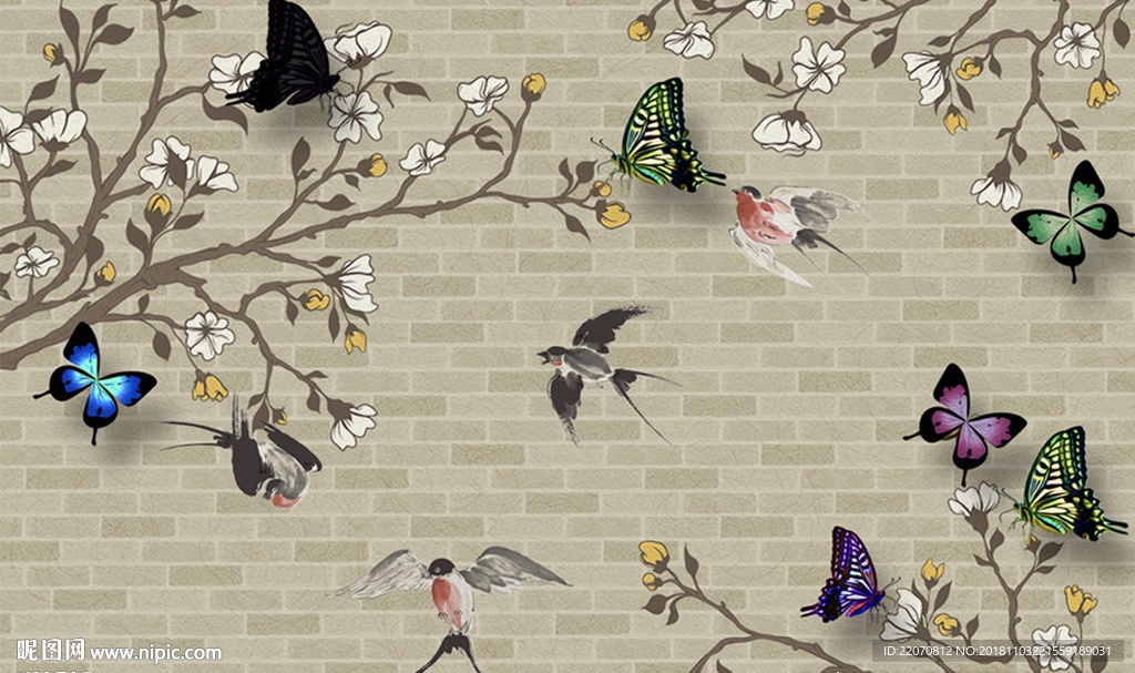 现代手绘燕子蝴蝶背景墙