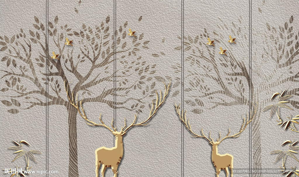 抽象树金色麋鹿文艺背景墙