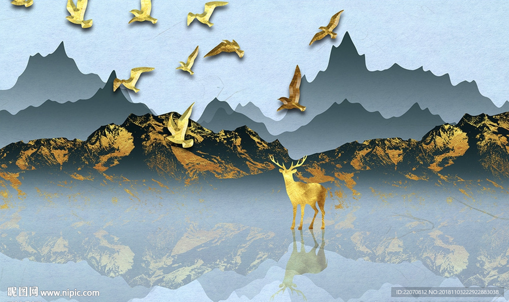 蓝金色山水麋鹿飞鸟背景墙