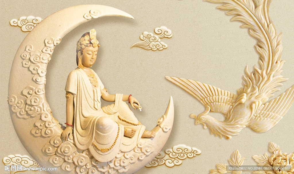 玉雕凤凰观音月亮祥云背景墙