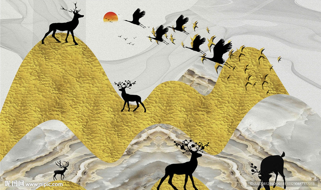 抽象金山鹿群中式背景墙