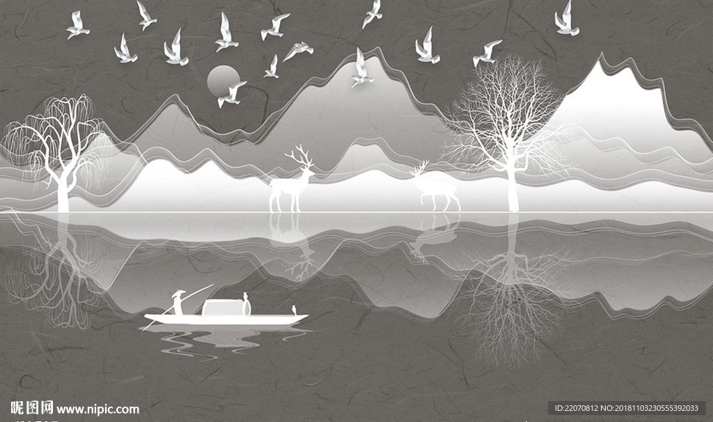 意境山水麋鹿飞鸟背景墙