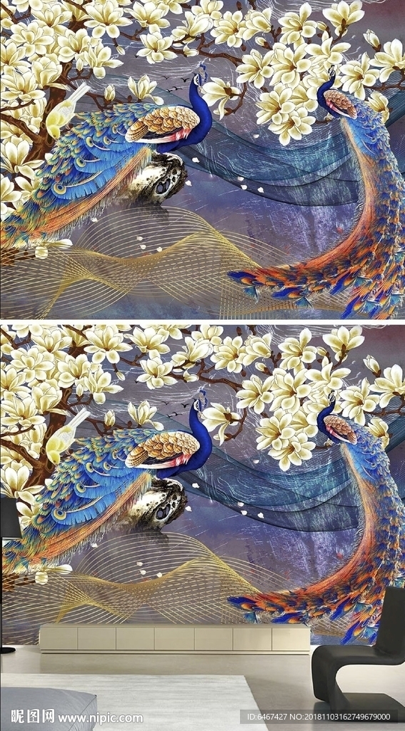 新中式双孔雀白玉兰花卉背景墙