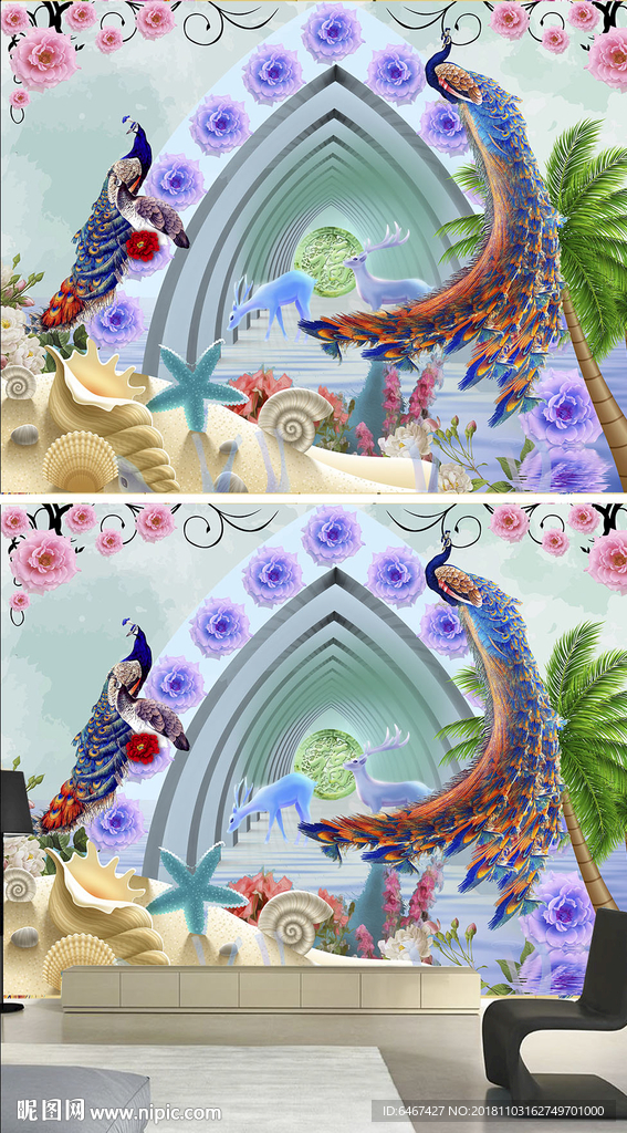 3d空间花卉海景孔雀背景墙