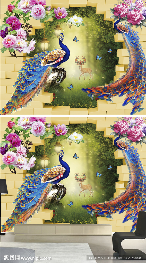 黄金花园孔雀富贵3D背景墙
