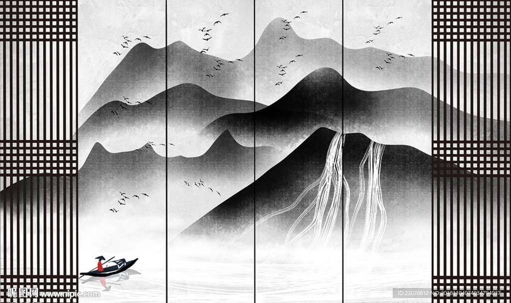 禅意水墨山水窗格意境山水背景墙