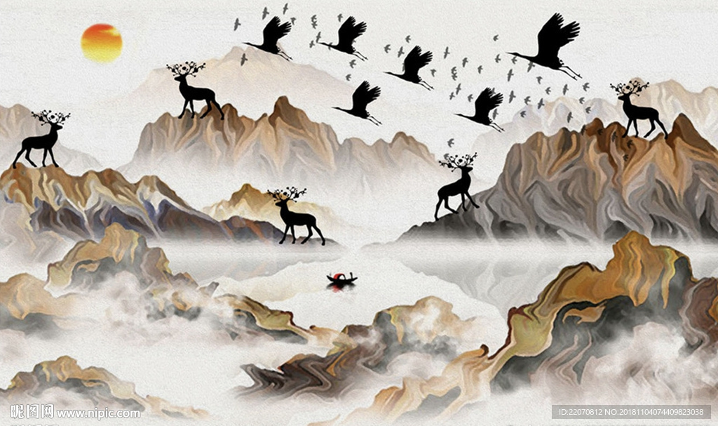 抽象山水白鹤小鹿中式背景墙