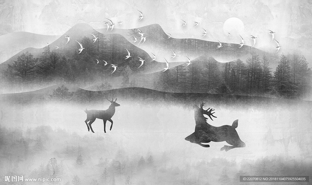 水墨黑白山水丛林麋鹿背景墙