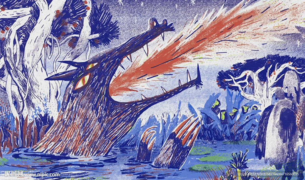 现代蜡笔手绘抽象狼头喷火背景墙